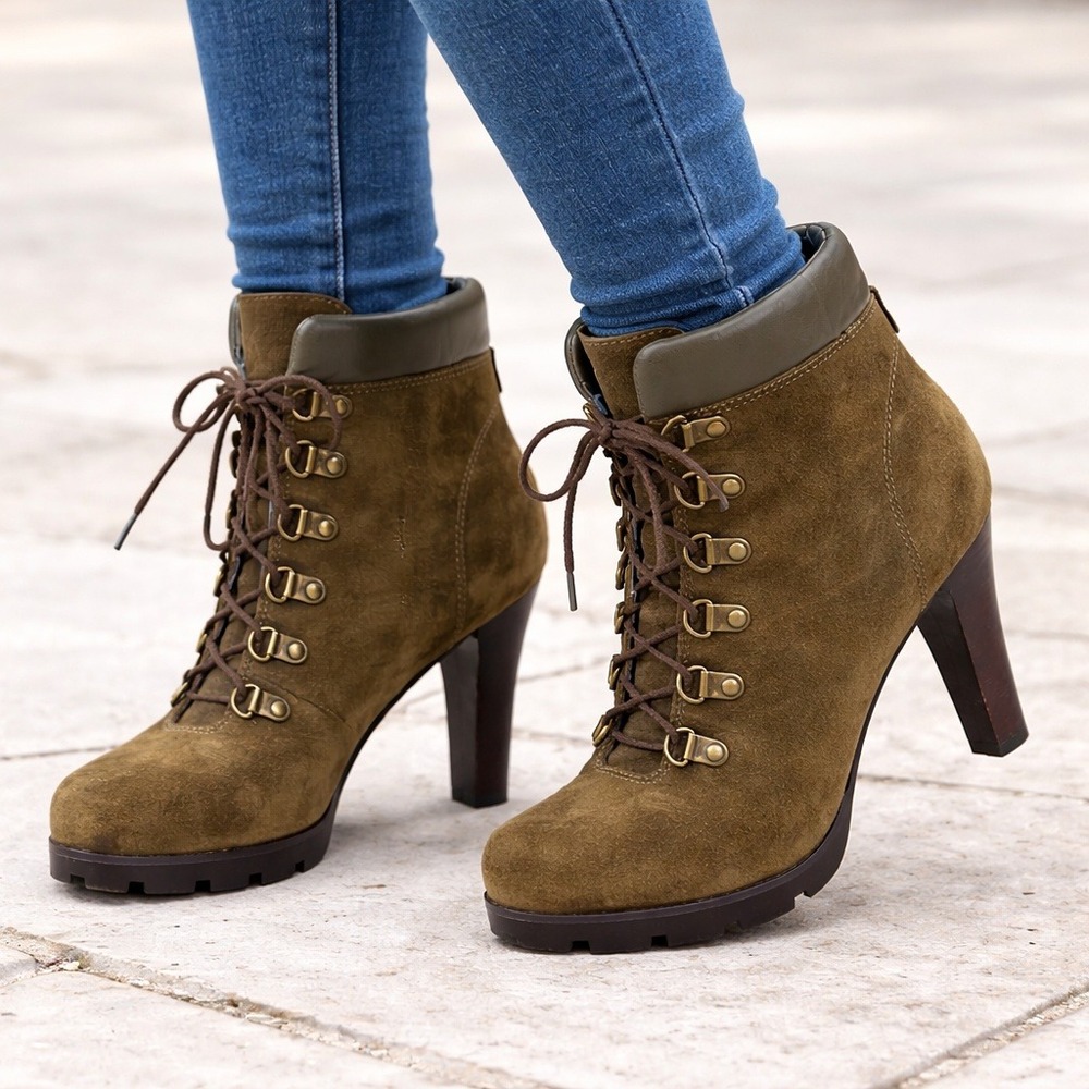 Y2K Ralph Lauren Suede Lace Up Ankle Boots Womens‎ 9 Olive Green Heels Designer